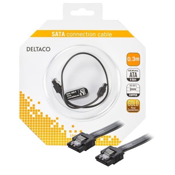 Deltaco Serial ATA-600 Kabel 0.3m (Raka kontaker) Lås-Clips (Svart) SATA6