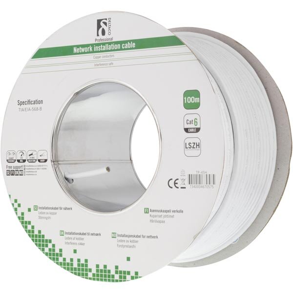 Deltaco UTP Cat6 installationskabel / 100m – Vit