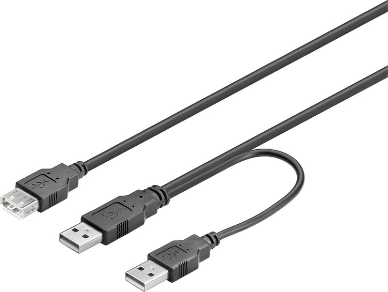 Deltaco USB-strömkabel, Y-kabel, 2xTyp A ha, 1xTyp A ho, 0,3m, svart
