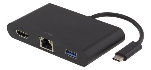 DELTACO USB-C dockningsstation HDMI RJ45 1xUSB A USB-C PD svart