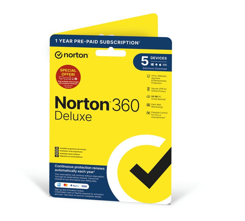 Norton 360 Deluxe – 50GB Lagring / VPN / 1 år / 5 användare – ATTACH