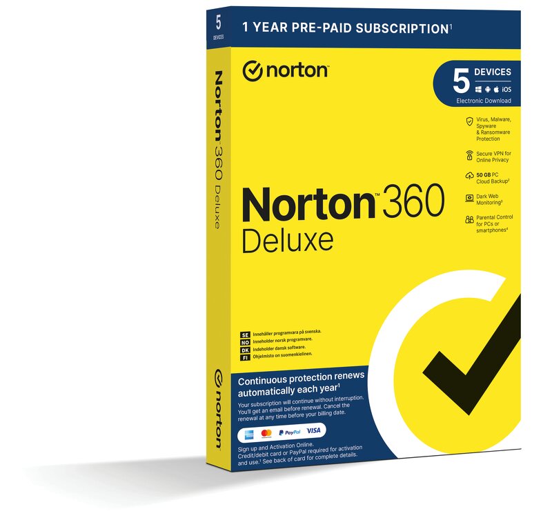 Norton 360 Deluxe – 50GB Lagring / VPN / 1 år / 5 användare