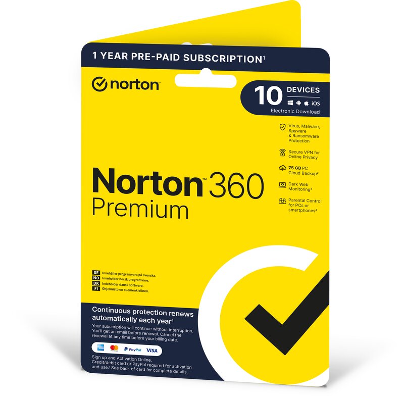 Norton 360 Premium – 75GB Lagring / VPN / 1 år / 10 användare