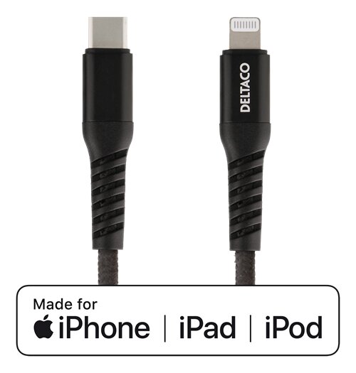 Deltaco USB-C till Lightning kabel 1m – Svart Tygklädd