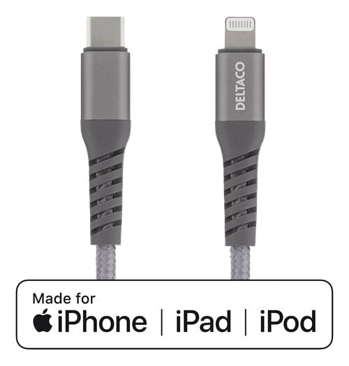 Deltaco USB-C till Lightning kabel 1m -Rymdgrå Tygklädd