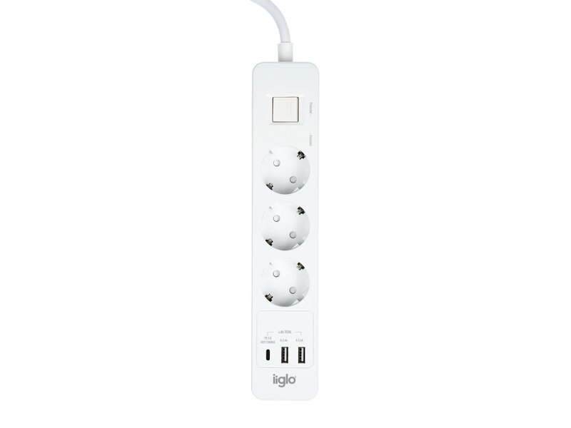 iiglo Överspänningsskydd 3x Uttag 2x USB 1x USB C Brytare / 1.5m – Vit