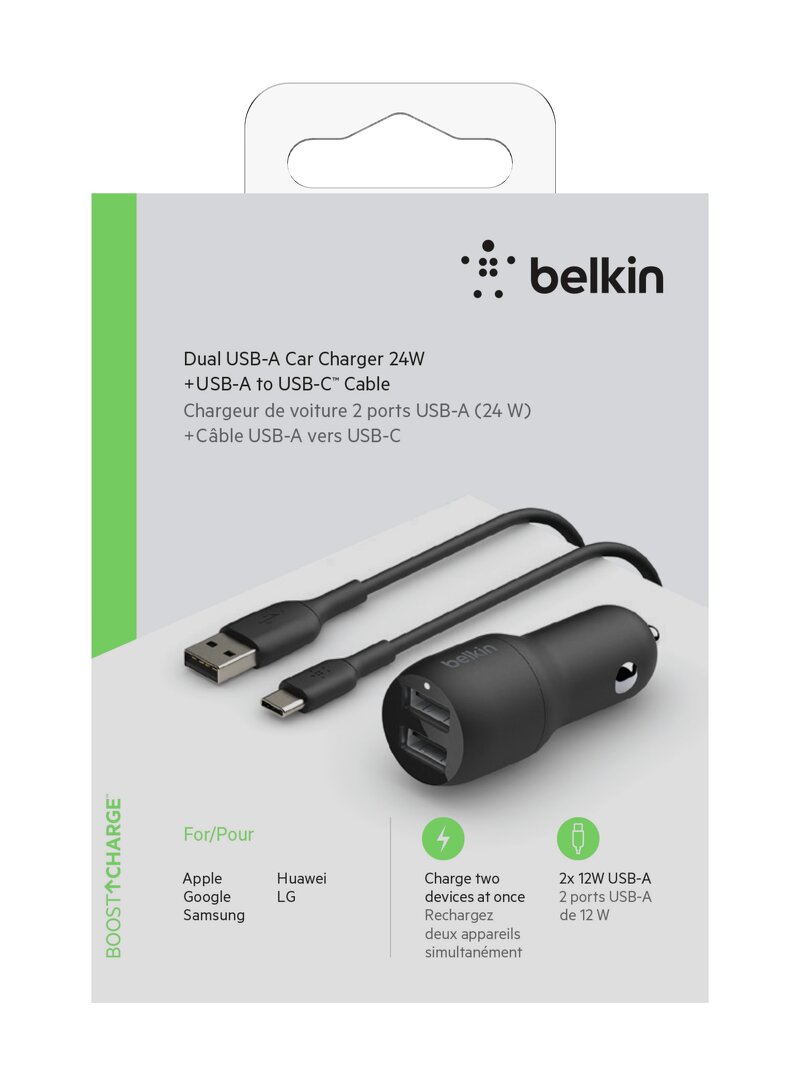 Belkin – Dubbel USB-A billaddare 2 x 12W inkl 1M USB-A till USB-C kabel