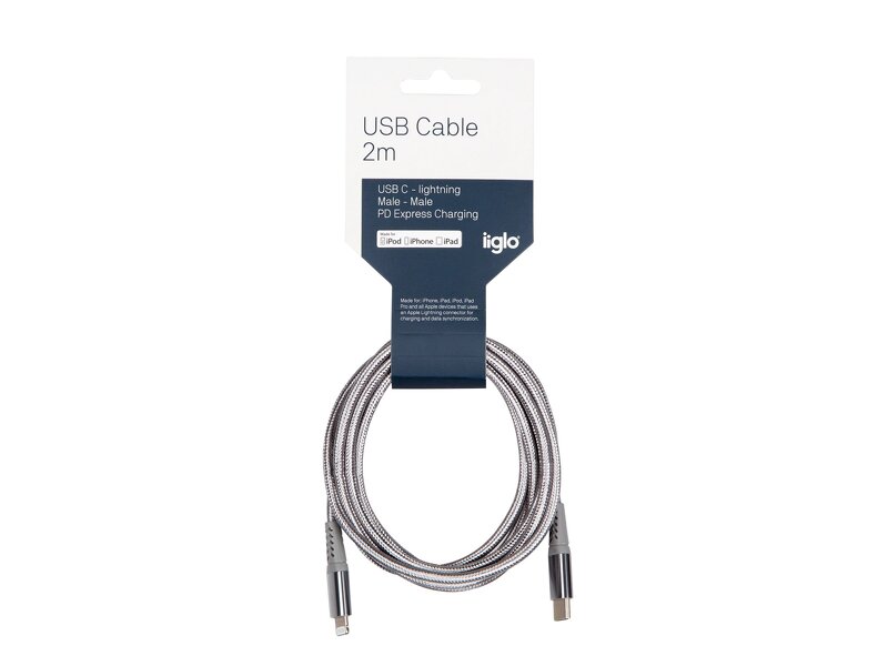 iiglo USB C till lightning kabel / silver nylon / 2m