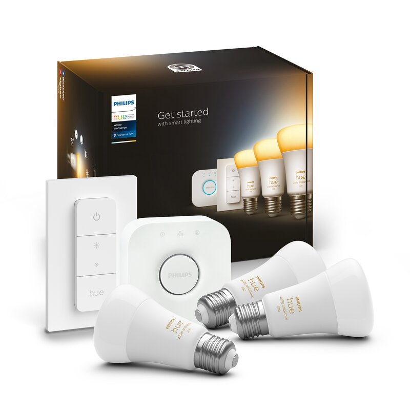 Philips Hue White Ambience 8W / A60 / E27 / Startkit inkl. 3st ljuskällor + brygga + dimmer switch