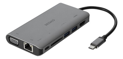 Deltaco USB-C till HDMI/VGA/USB/RJ45/SD-adapter – Grå