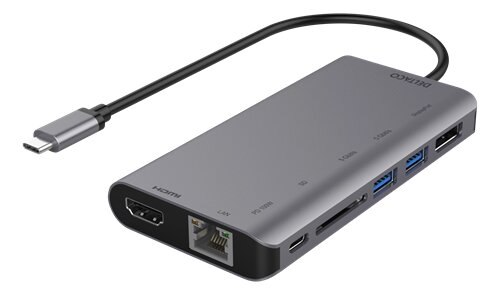 Deltaco USB-C till HDMI/DisplayPort/USB/RJ45/SD-adapter – Grå