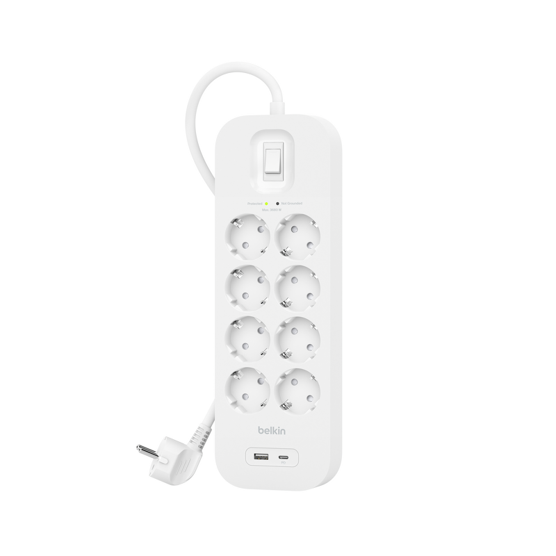 Product Image for Belkin Överspänningsskydd 8-vägs Grenuttag - 1 USB-C 18W PD, 1 USB-A