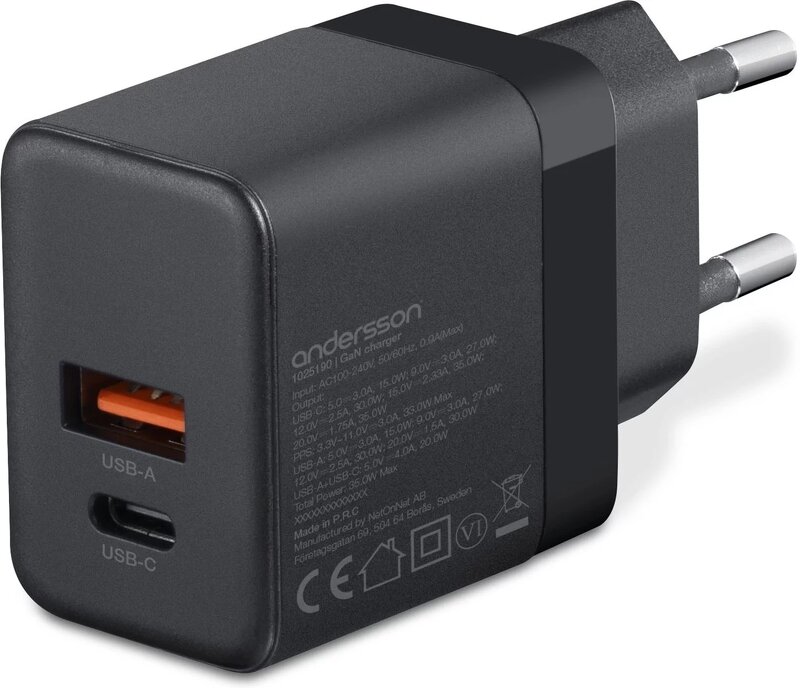 Andersson 35W GaN Strömadapter 2-ports C+A - Svart