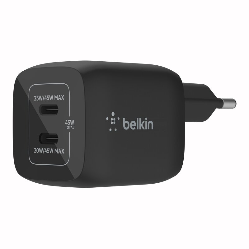 Belkin - 45W GaN Dual PD/PPS mini snabbladdare för laptop, mobil, sufplatta - Svart