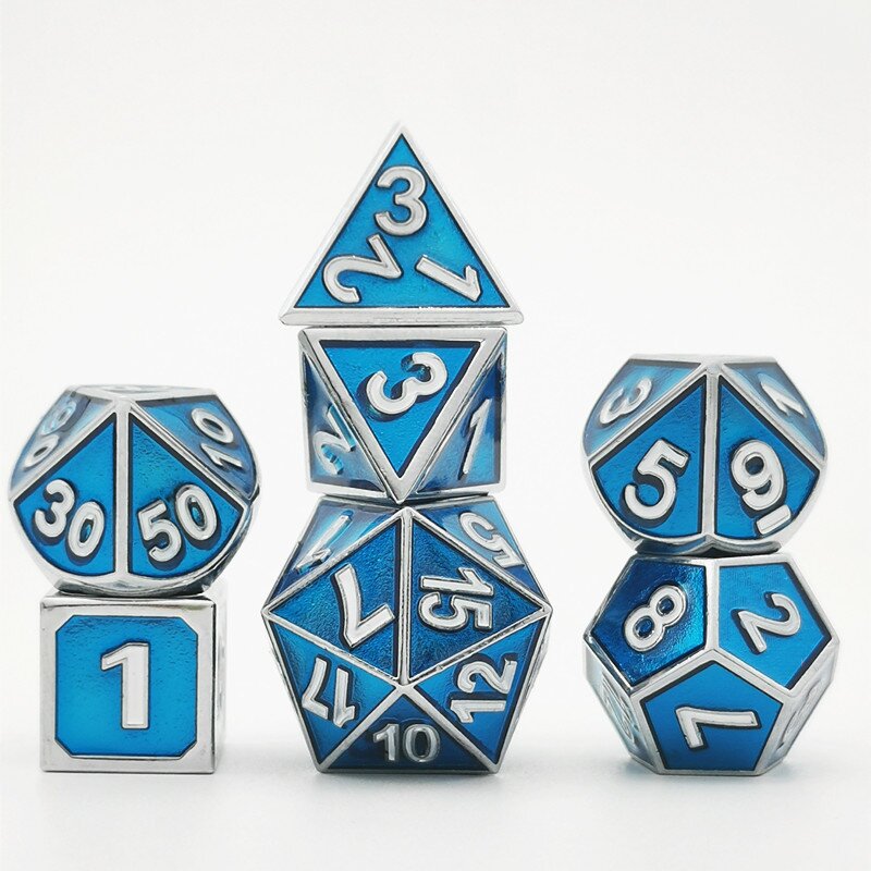 Shiny Silver and Blue Metal Dice