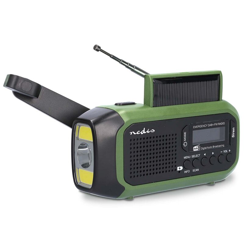 Nedis Nödradio DAB+ / FM | Batteridriven / Handvev / solpanel / USB ström | Väckarklocka | Grön / Sv