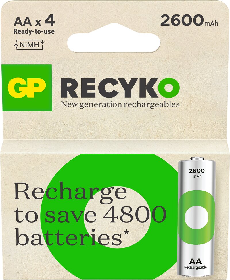 Läs mer om GP ReCyko AA-batteri 2600mAh Uppladdningsbart 4-pack