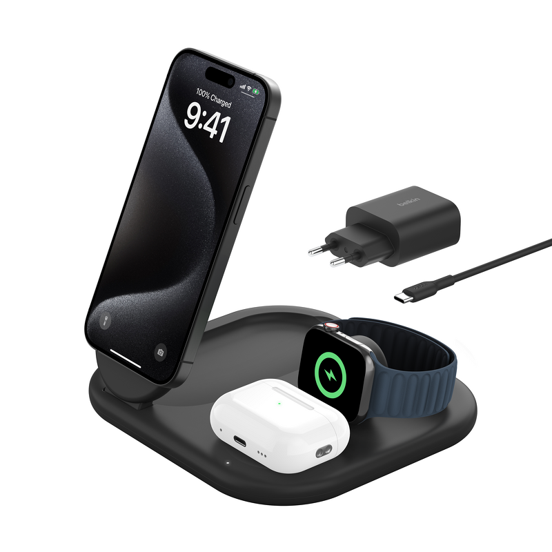 Product Image for Belkin - 3-in-1 MagSafe Compatible Qi2 Wireless Stand/Pad - Svart