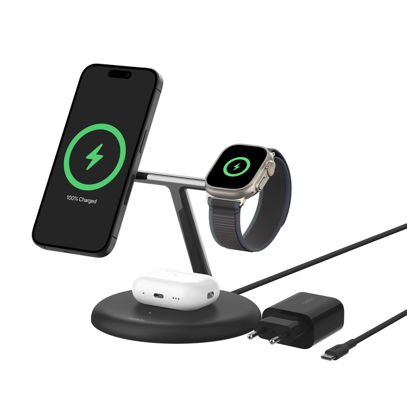 Product Image for Belkin 3-in-1 Flex Wireless Charging Stand with Qi2 Magnetic 15w - Black