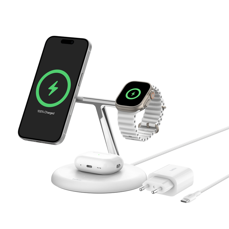 Product Image for Belkin 3-in-1 Flex Wireless Charging Stand with Qi2 Magnetic 15w - White