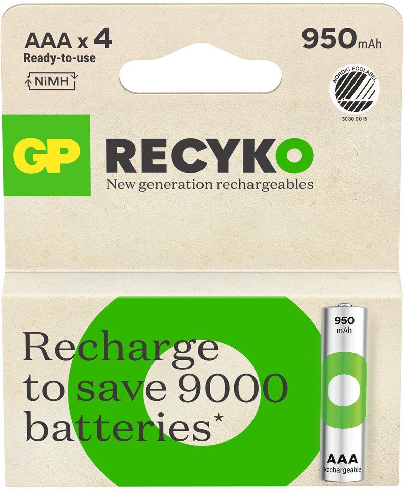 Läs mer om GP ReCyko AAA 950mAh NiMH Uppladdningsbart Batteri - 4-pack