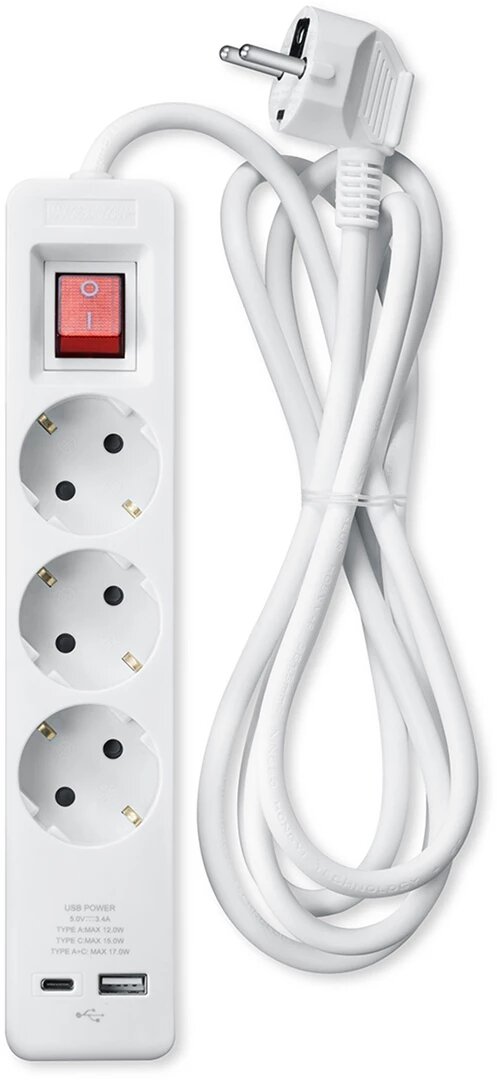 Andersson PWS-C2000 Grenuttag x3 / USB-A / USB-C / 1,5m – Vit