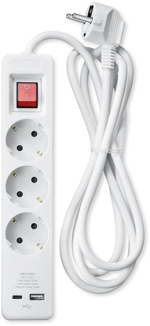 Product Image for Andersson PWS-C2000 Grenuttag x3 / USB-A / USB-C / 1,5m - Vit