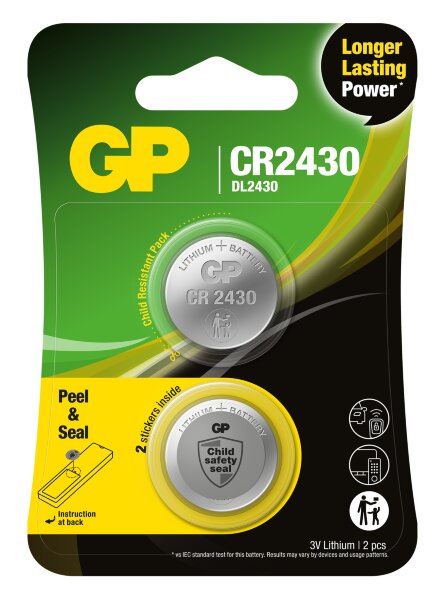 GP knappcell Litium CR2430 Safety seal 2-pack (Fyndvara – Kartongskada)