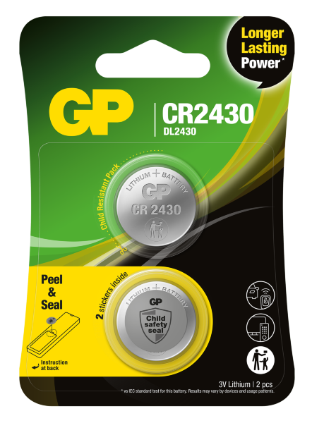 Product Image for GP knappcell, Litium, CR2430, Safety seal, 2-pack (Fyndvara - Kartongskada)