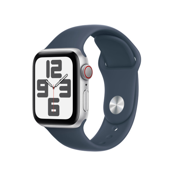 Product Image for Apple Watch SE GPS + Cellular 40mm / Silver Aluminium Case med Storm Blue Sport Band - M/L (Fyndvara - Klass 1)
