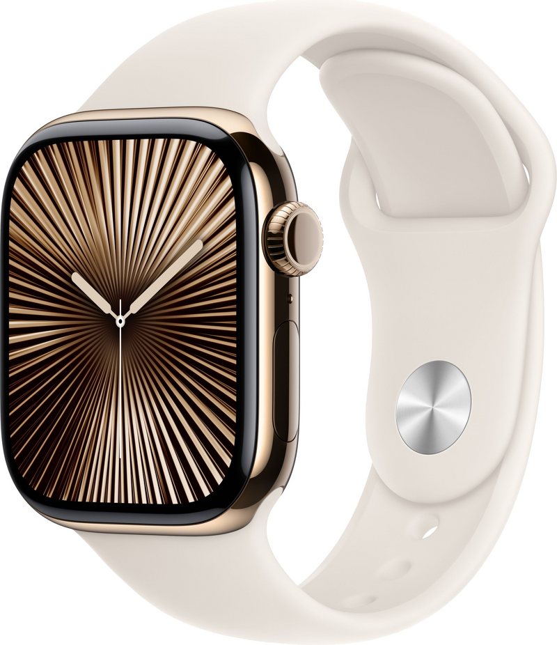 Product Image for Apple Watch Series 10 GPS + Cel 42mm / Gold Titanium Case / Starlight Sport Band - S/M