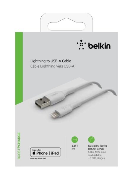 Belkin Lightning till USB-A kabel 2 meter – Vit (Fyndvara – Klass 2)