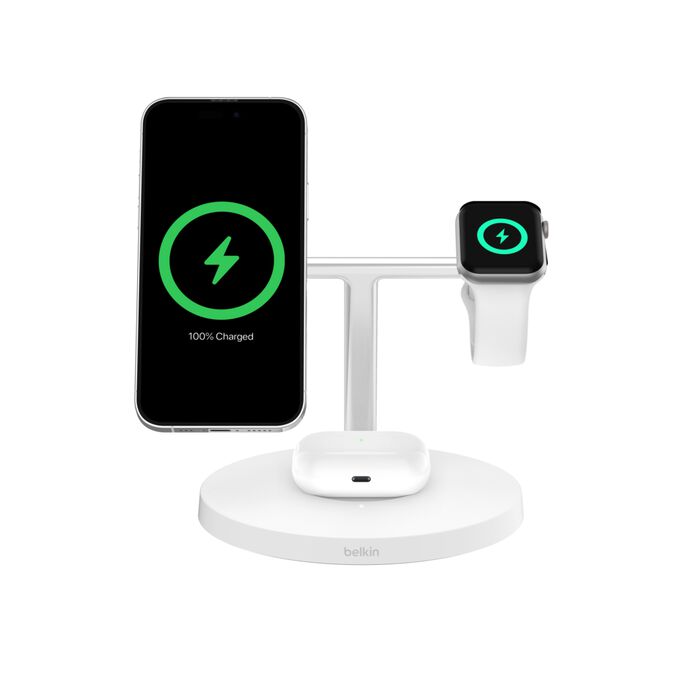 Product Image for Belkin 3-in-1 Qi2 15W charging stand Apple Watch fast charge - White
